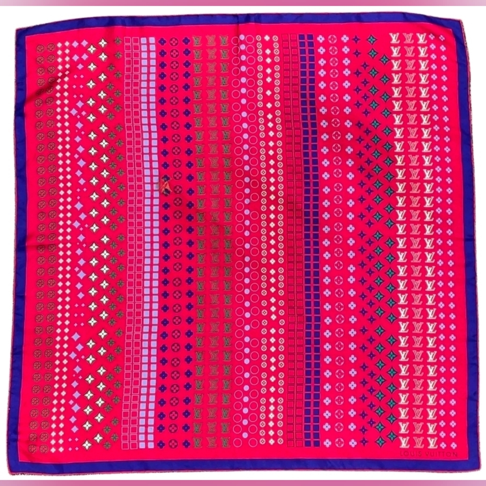 Auth Louis Vuitton Monogram red multicolor Silk Scarf W/Box - Picture 6 of 16